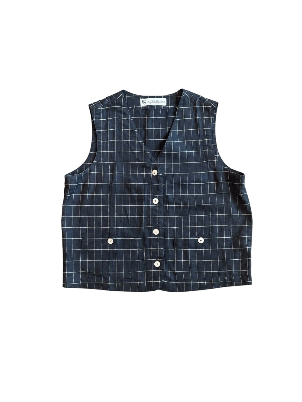 Valerie Stevens Navy & White Windowpane Button Front Vest 100% Linen